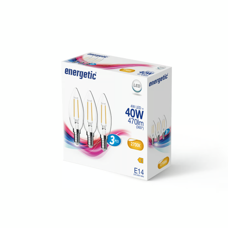 Ampoule E14 Lot de 3| C35 flamme filament, verre transparent - blanc chaud 2700k 470l. - Energetic
