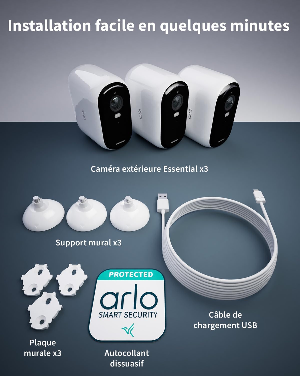 Arlo VMK3350-100EUS Caméra de sécurité extérieure WiFi 2K Essential 2, Lot de 3 caméras et 3 panneaux solaires, Blanc
