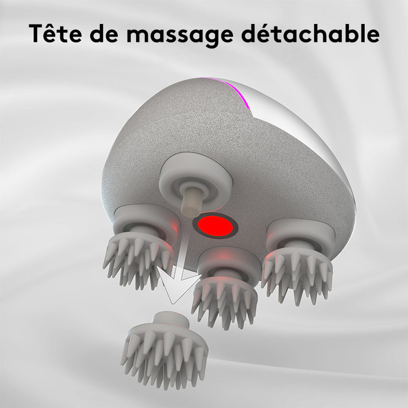 Breo Scalp Mini Masseur de cuir chevelu portable IPX7 étanche et rechargeable, avec base de charge en bambou et nodules de massage amovibles - Argent