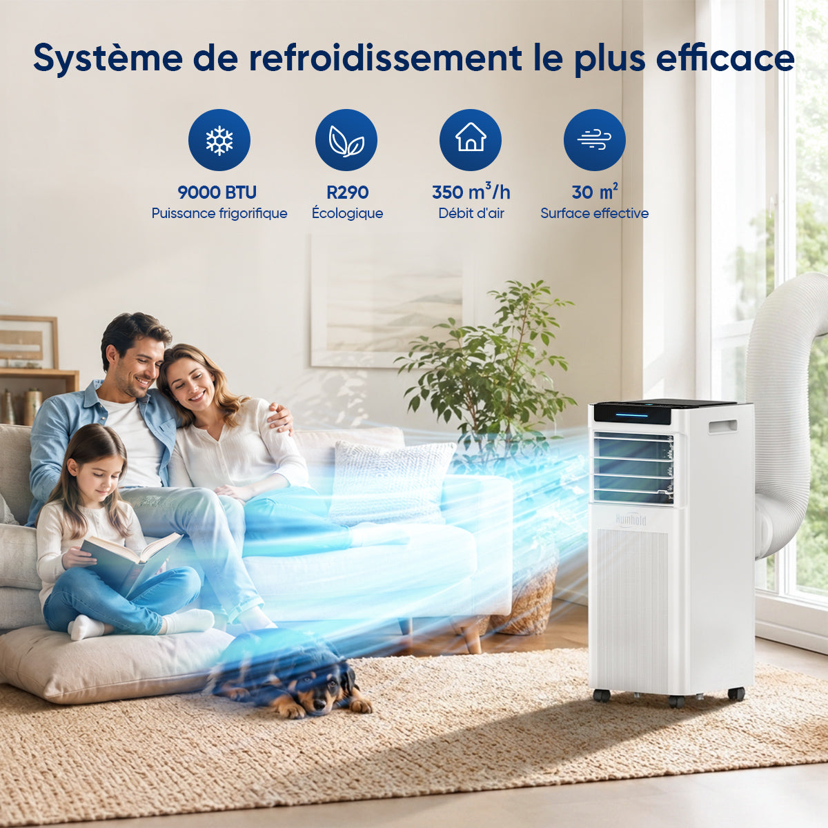 Humhold 9000 BTU climatiseur portable, unité de climatisation 3 en 1 de 2,6 kW pour pièces jusqu'à 30 m², avec modes refroidissement, déshumidification et ventilation