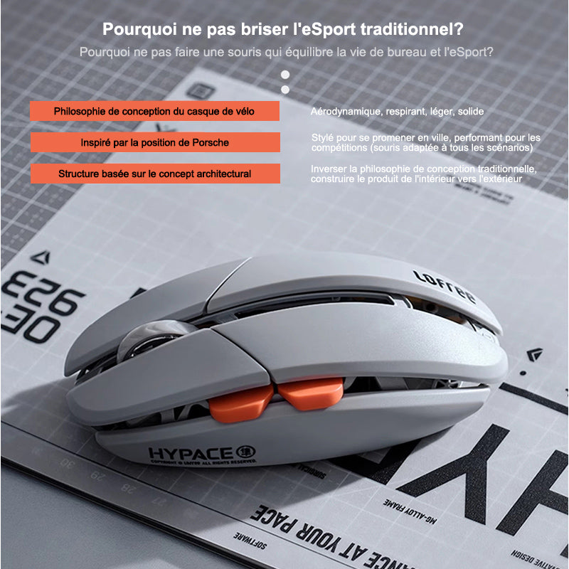 lofree Hypace souris Bluetooth, cadre en alliage de magnésium + coque en PC, connexion triple mode (Bluetooth/2.4G/filaire), capteur laser PAW3950, gris clair, OE923