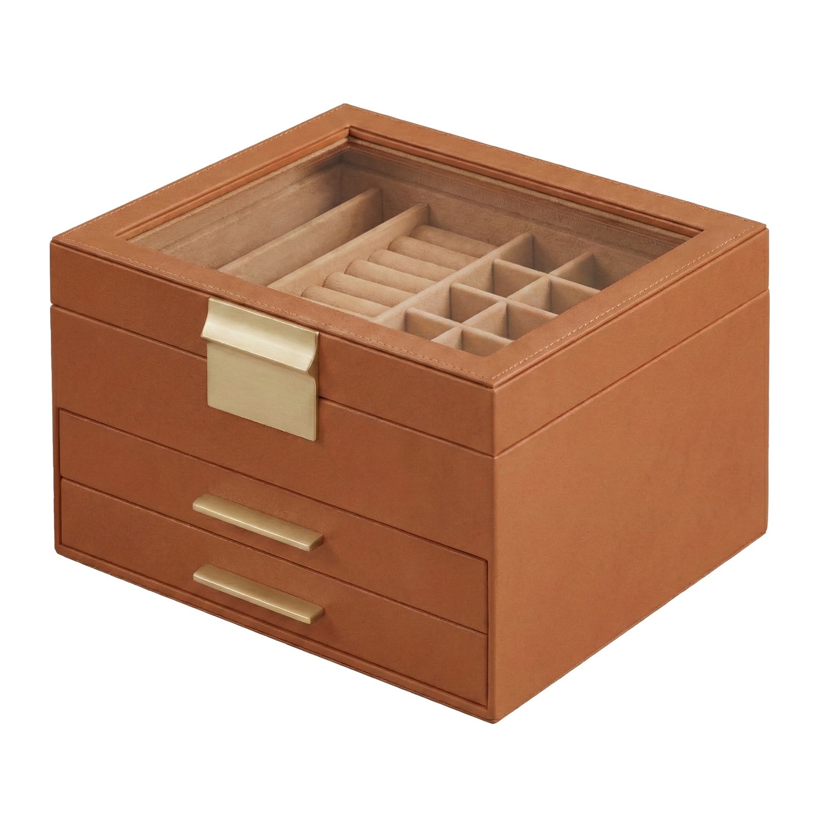 JOYFURNOS Boîte à Bijoux avec Couvercle en Verre, à 3 Niveaux, 2 Tiroirs, Marron et Doré