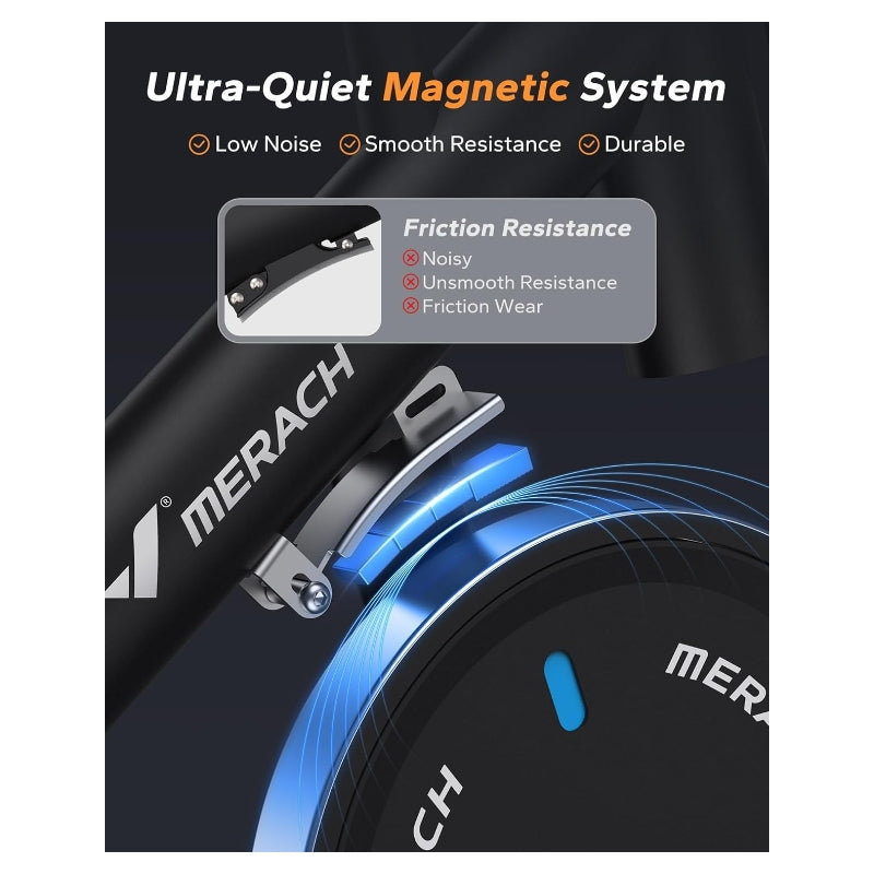 MERACH vélo d'appartement à résistance magnétique, pour usage intérieur, avec support pour haltères et support pour tablette, avec application intégrée, charge maximale 122kg