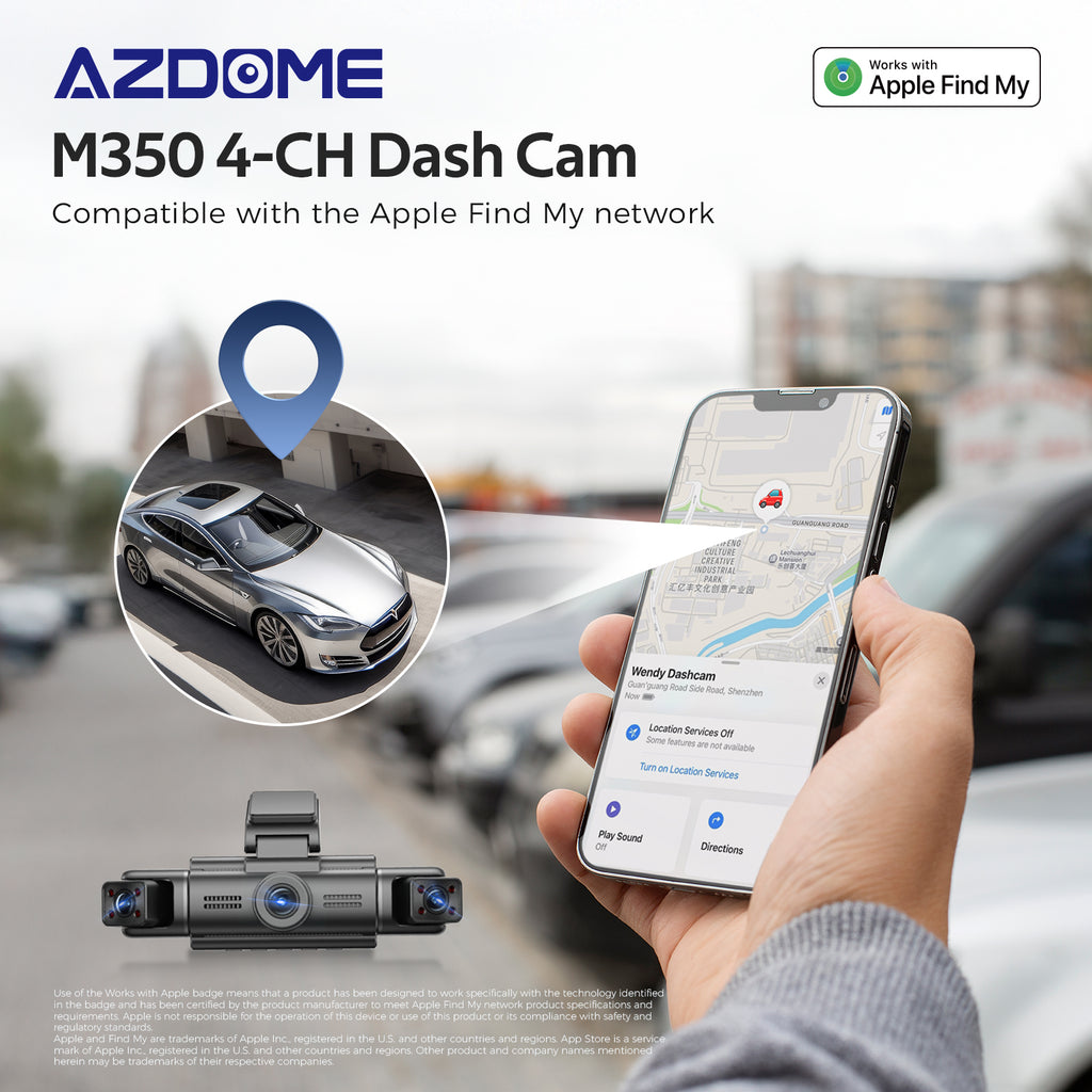 AZDOME M350 Dashcam 4 canaux vue complète 360° fonctionne avec Apple Localiser ma Dashcam avant 2,5K, 1080P caméra arrière gauche et droite pour voitures