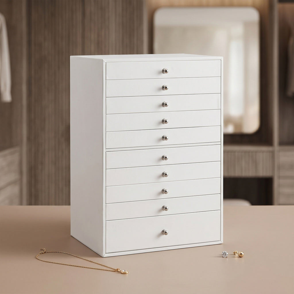 JOYFURNOS Organisateur de bijoux avec tiroirs, grande boîte de rangement, idée cadeau moderne pour chambre, 10 niveaux, blanc