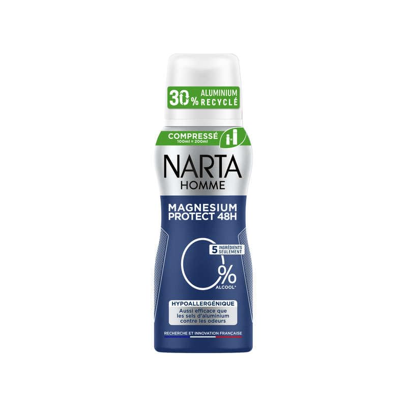 NARTA Magnesium Protect Homme Déodorant Spray Compressé 48h Hypoallergénique Sans Alcool 100ml