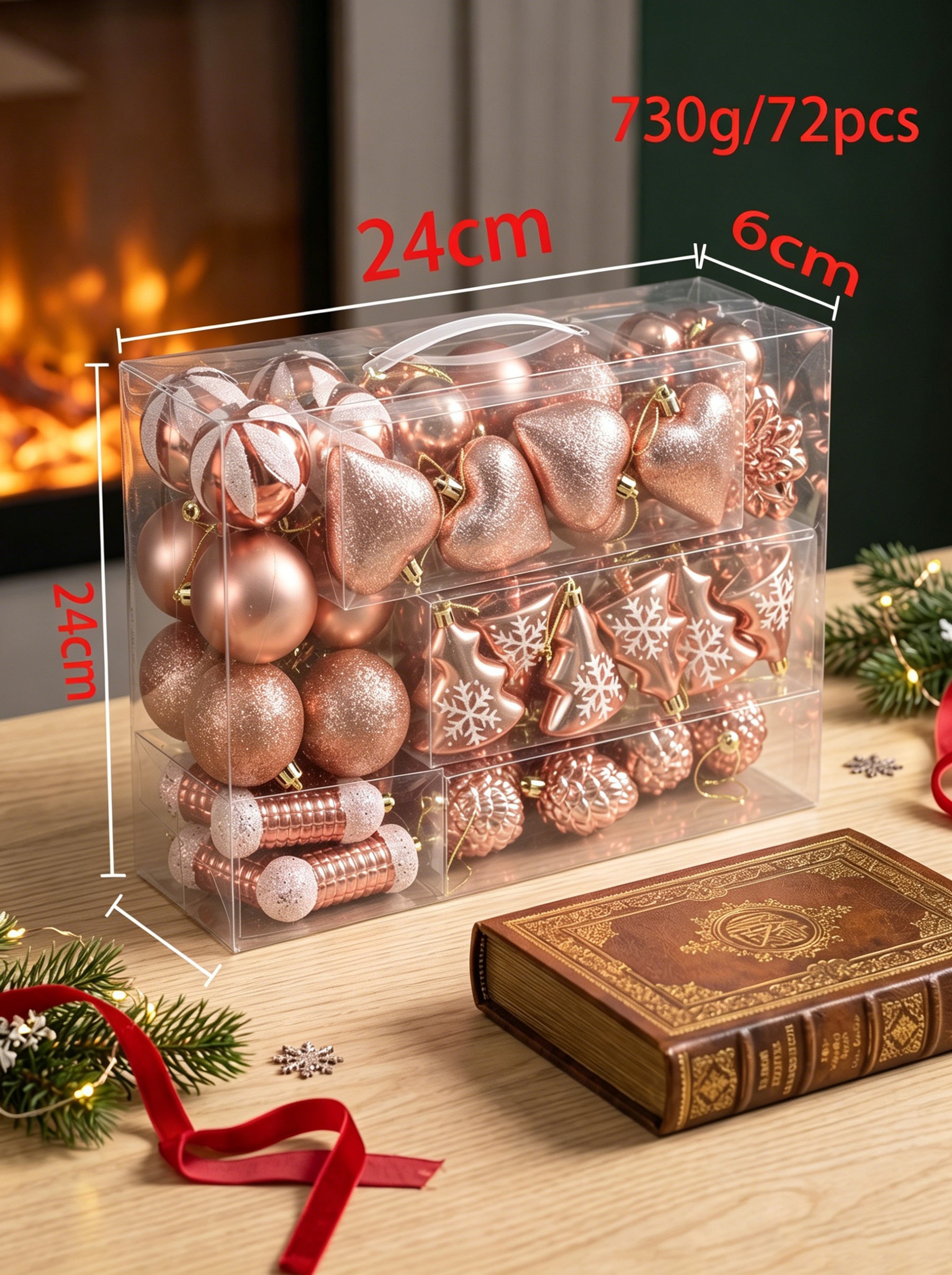 Ju7cer Lot de 72 boules de Noël, avec sapin de Noël, boules de Noël en forme de cœur, chaussettes de Noël, boules de Noël, pour la décoration du sapin de Noël et des fêtes, rose