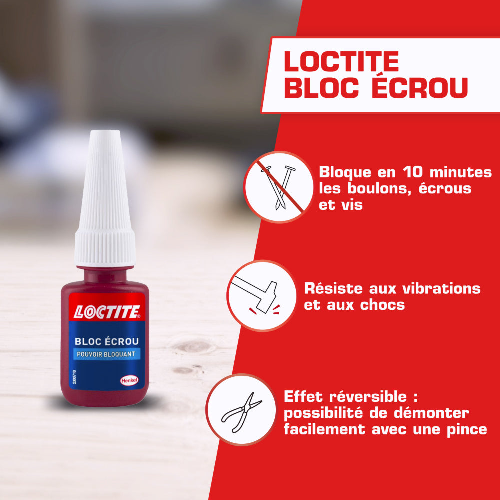 Henkel LOCTITE Colle Bloc Écrou (flacon 5 ml) - Résine autobloquante pour éviter le desserage par vibration de boulons, écrous, vis