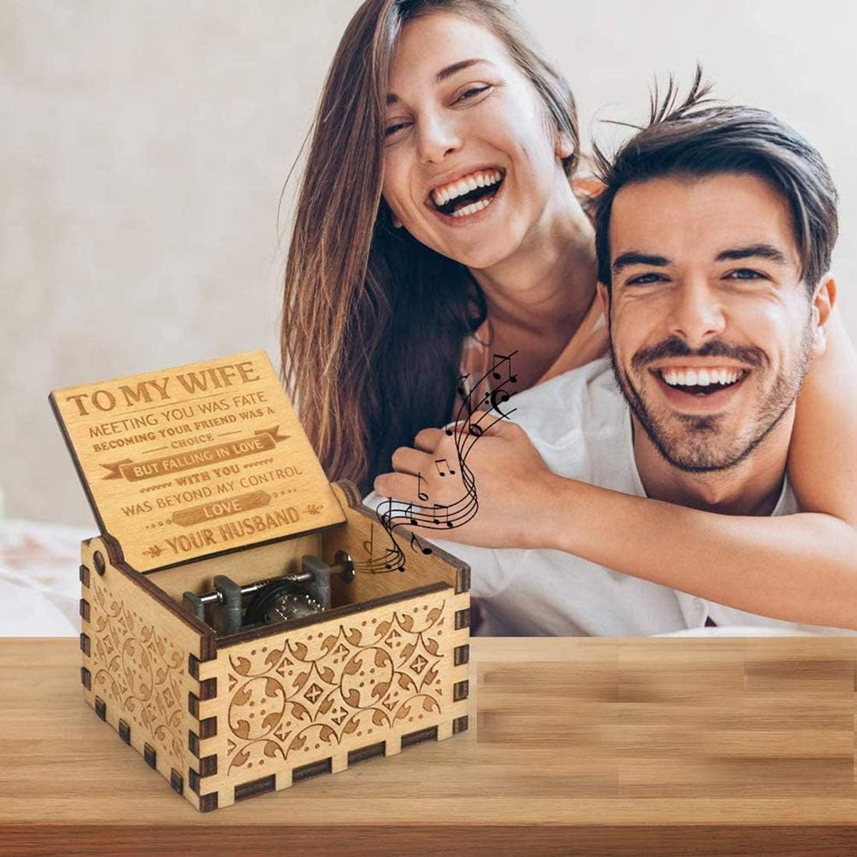 Alphynix 1 pièce Boîte à musique « À ma femme », Souvenir en bois à manivelle avec gravure de lettre d'amour romantique, Cadeau d'anniversaire de mariage de la part du mari