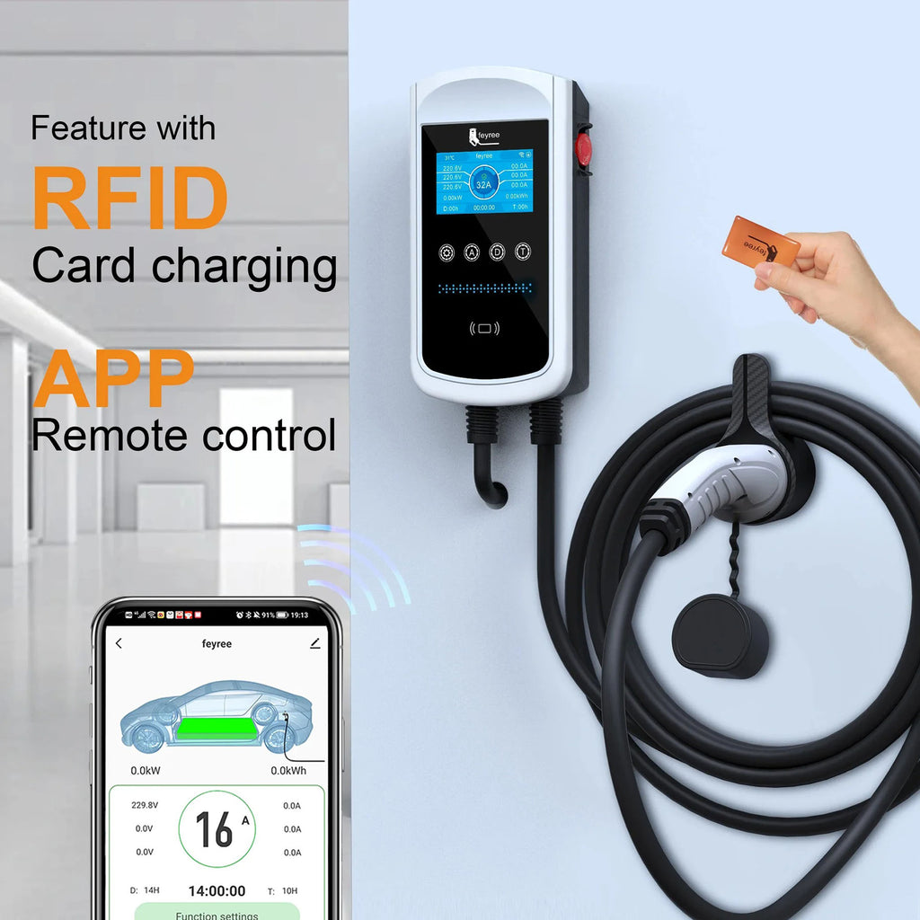 Feyree Chargeur pour véhicule électrique Type 2 32 A 7,6 kW, Station de charge, Chargeur voiture électrique, Équipement d’alimentation pour véhicule électrique, Borne murale