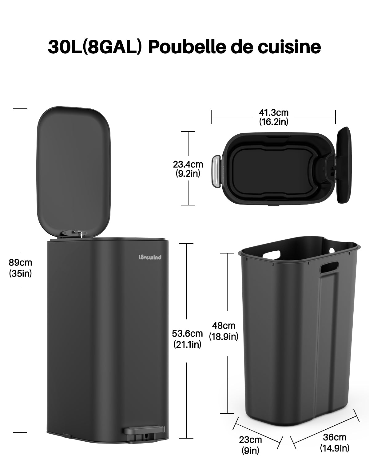 Lovewind Poubelle de cuisine 30 L, Poubelle étroite en acier inoxydable noir pour cuisine, Poubelle à pédale noire avec couvercle à fermeture douce, Seau intérieur amovible