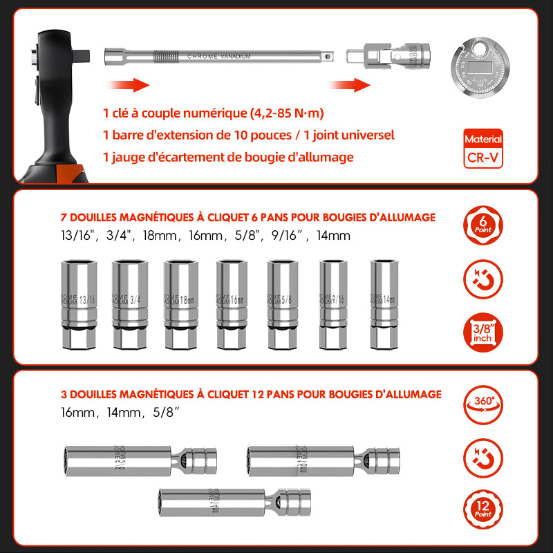 movecrab Clé dynamométrique numérique 3/8 po 4,2-85 Nm/3-62 6 lb-pi Douille magnétique pour bougie d'allumage Rallonge à cardan pour voiture moto