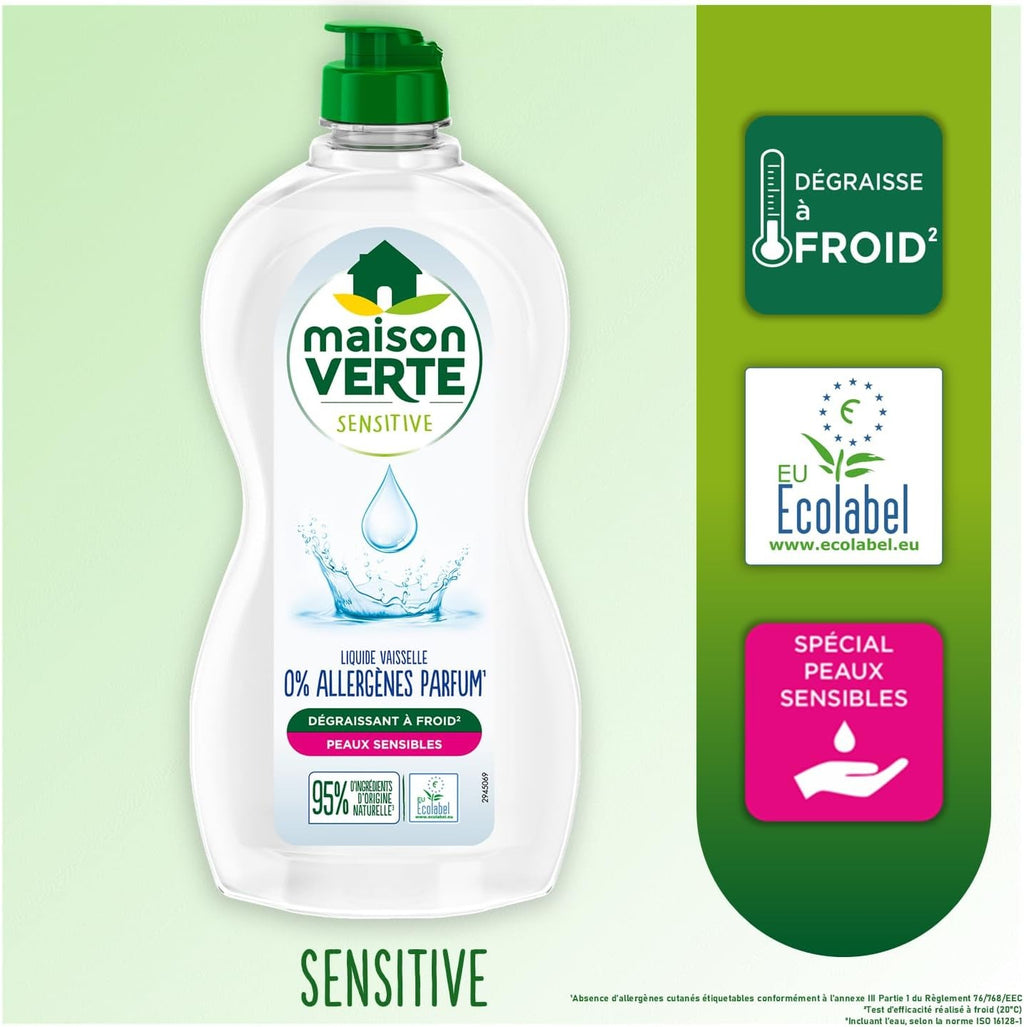 Maison Verte Liquide Vaisselle, Peaux Sensibles, 0 % Parfum & Allergènes, 500 ml