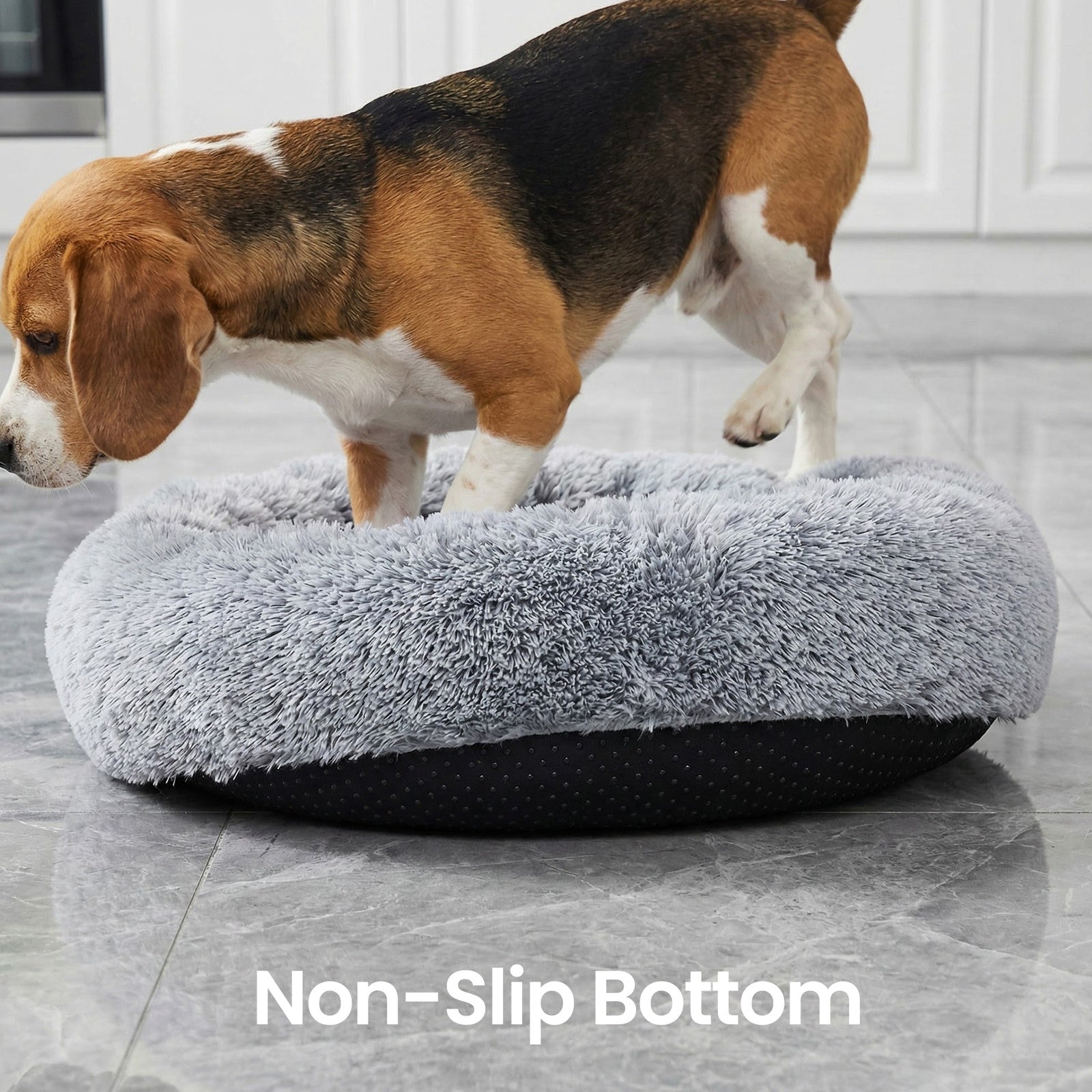 JOYFURNOS Lit pour chien en forme de beignet moelleux apaisant avec housse amovible lavable, 80 cm, gris