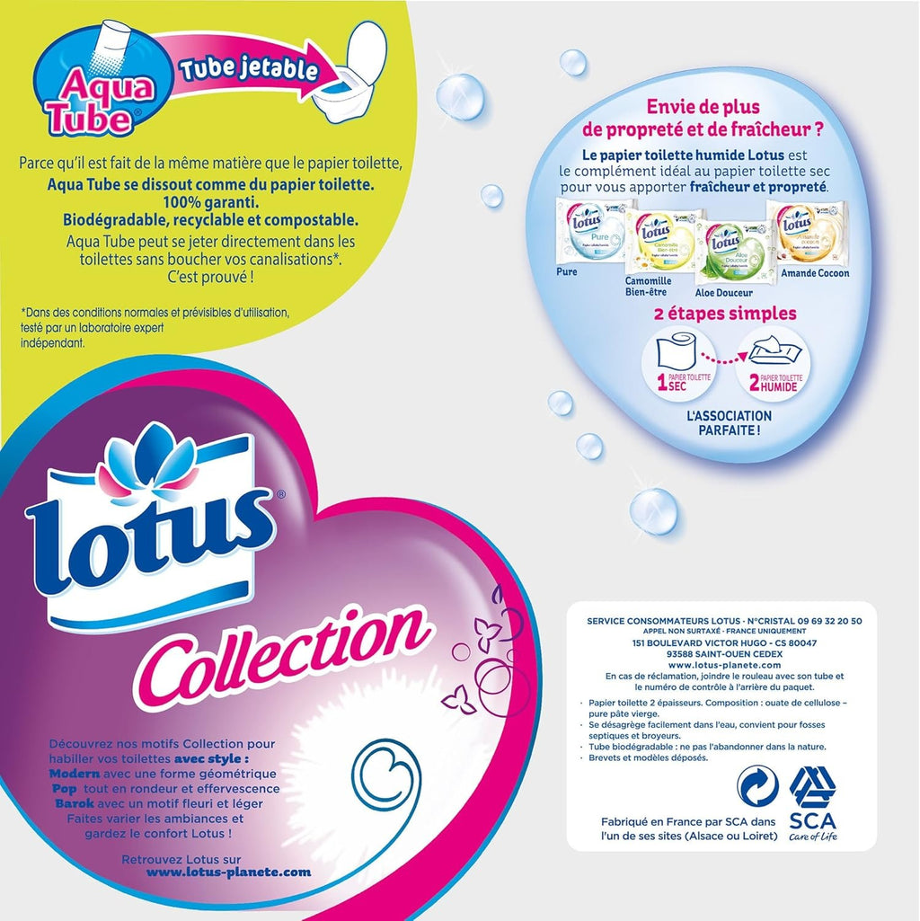 Lotus Collection Confort Papier Toilette, 2 Épaisseurs, Rouleau, Mandrin Aqua-Tube, Lot de 6