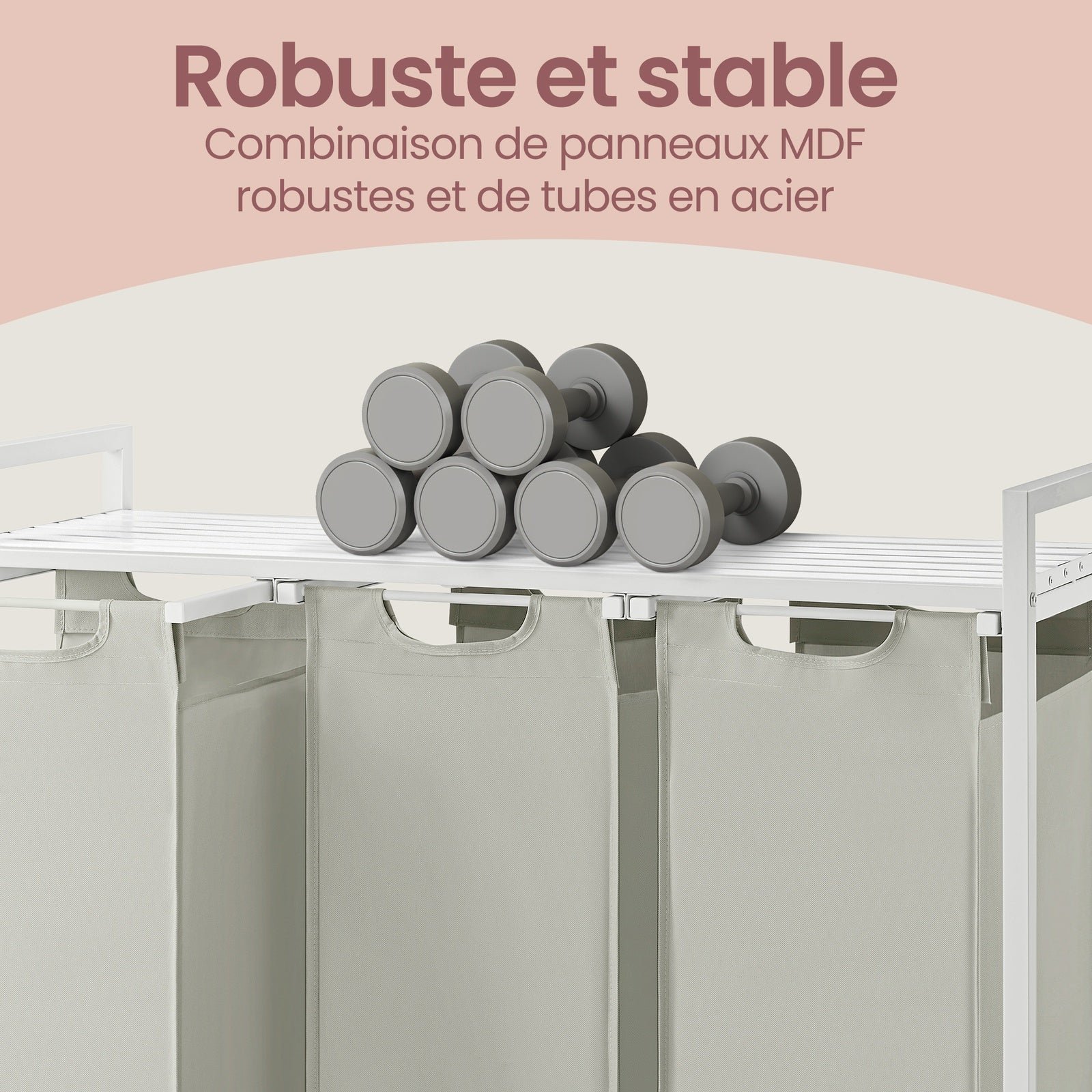 JOYFURNOS Panier à linge, Corbeille à linge à 3 compartiments, Sacs intérieurs coulissants et amovibles, Trieur de vêtements, Cadre en métal, 3 x 40 L, 92,5 x 33 x 72 cm, Blanc crème et blanc mat