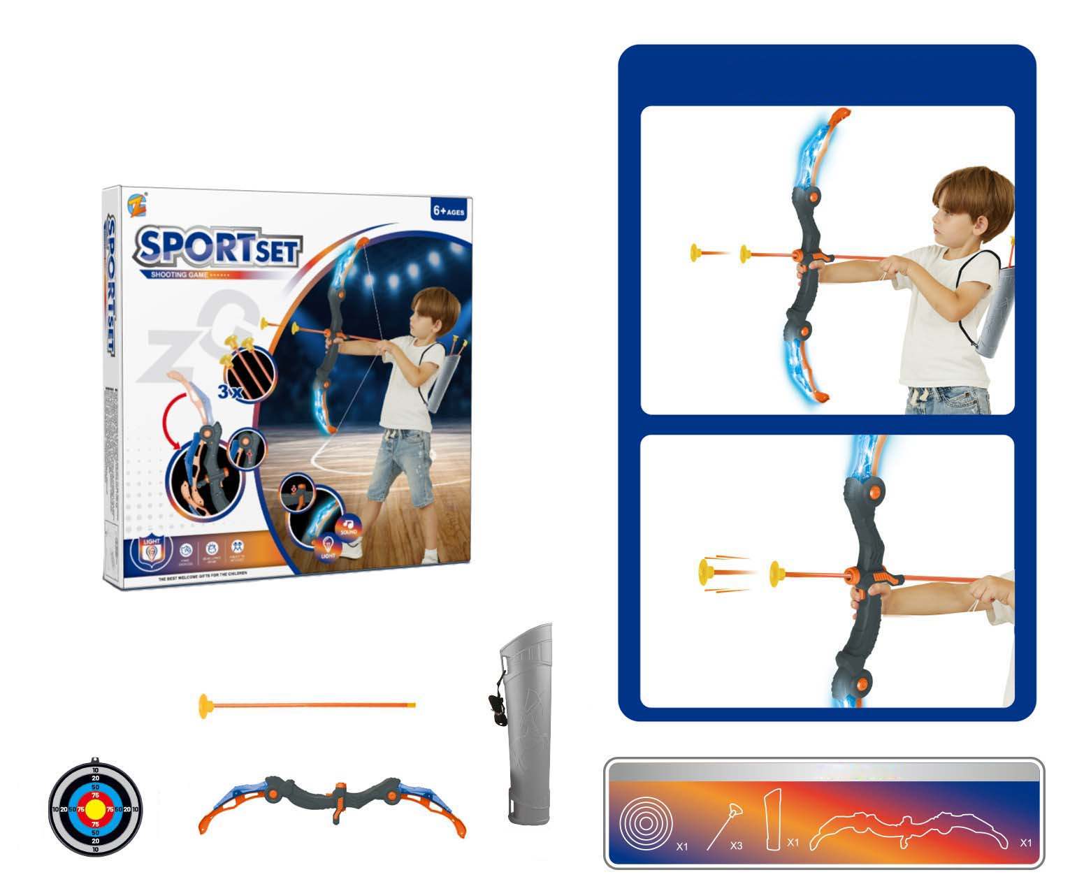 Set d'arc et flèches de tir à l'arc sonore et lumineux pour garçon, Kit jouet en ABS + PP avec musique pour entraînement au tir sur cible