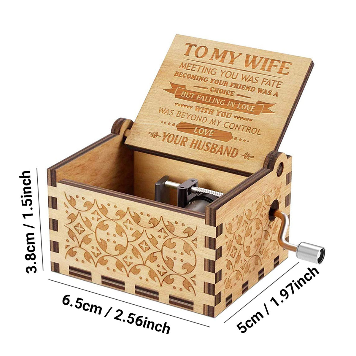 Alphynix 1 pièce Boîte à musique « À ma femme », Souvenir en bois à manivelle avec gravure de lettre d'amour romantique, Cadeau d'anniversaire de mariage de la part du mari