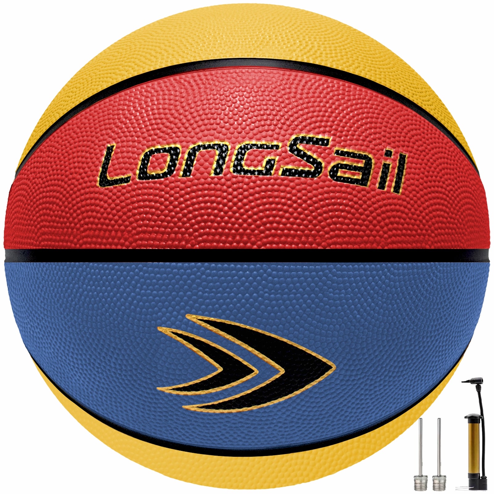 LONGSAIL Ballon de basket-ball en caoutchouc haute qualité (25,5 po), taille 4#, rouge/jaune/bleu