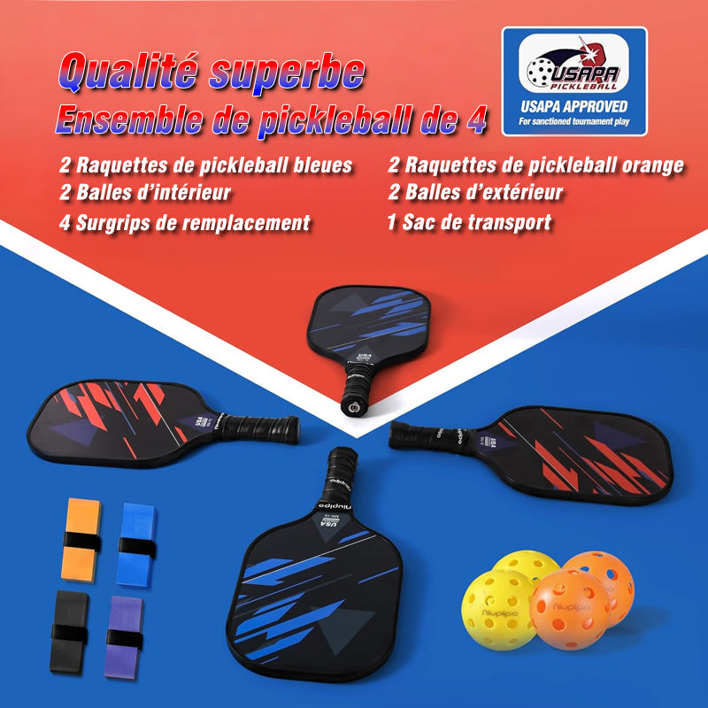 NIUPIPO MX-19 Lot de 4 raquettes de pickleball, 4 bandes de préhension, 4 balles et un sac de transport