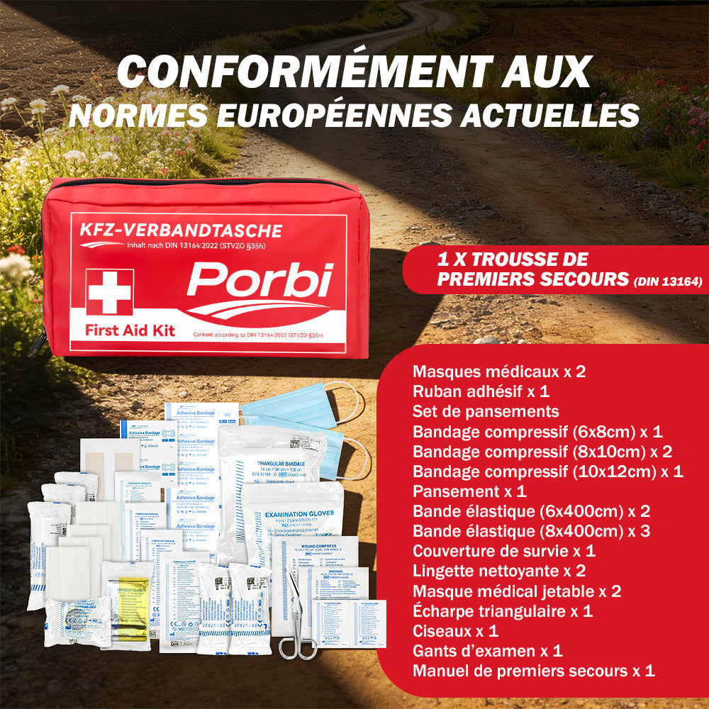 Trousse de premiers secours Porbi pour voiture, conforme à la norme DIN 13164, contient tout le matériel médical d'urgence nécessaire pour véhicules, voyages et accidents de la route, Rouge