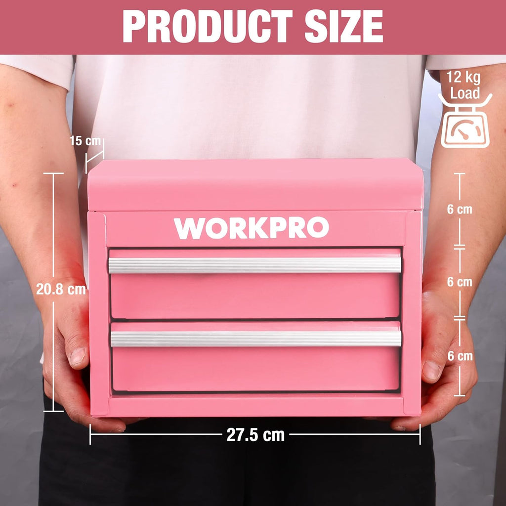 WORKPRO Boîte à tiroirs métallique avec 2 tiroirs et espace de rangement supérieur rose, 27,5 x 15 x 20,8 cm, organisateur de table avec tiroirs pour bureau, vestiaire et poste de travail