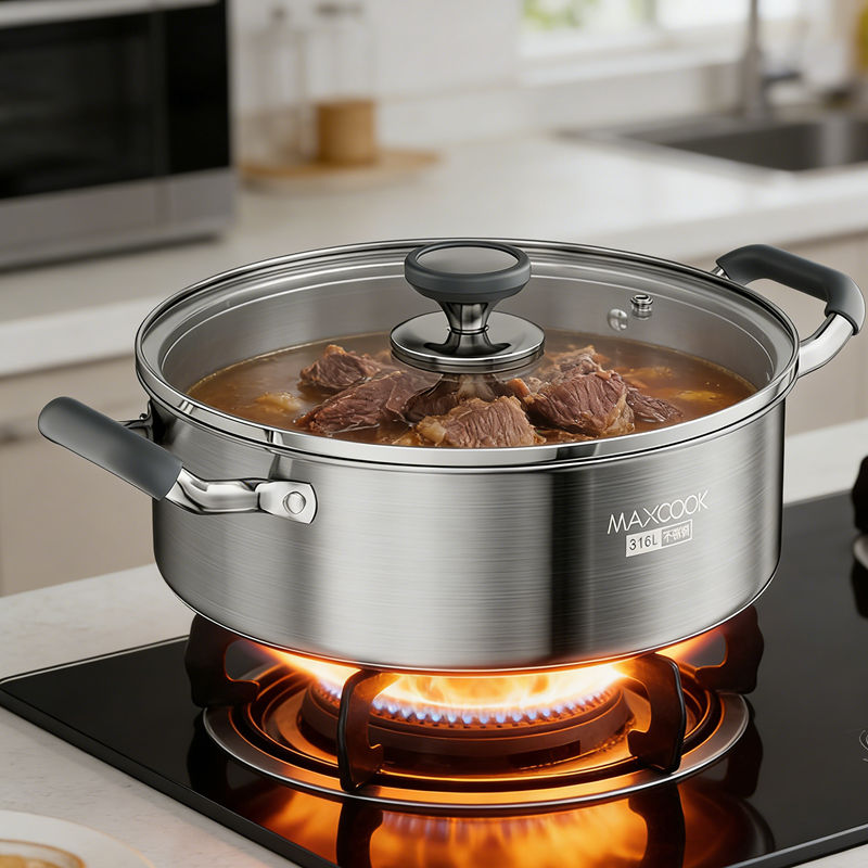 Maxcook Marmite 30 cm, Marmite de cuisson en acier inoxydable 316 L, Fond composite multicouche, Avec couvercle en verre et doubles poignées résistantes à la chaleur, Compatible avec les plaques à induction et à gaz, Marmite à soupe grande capacité M