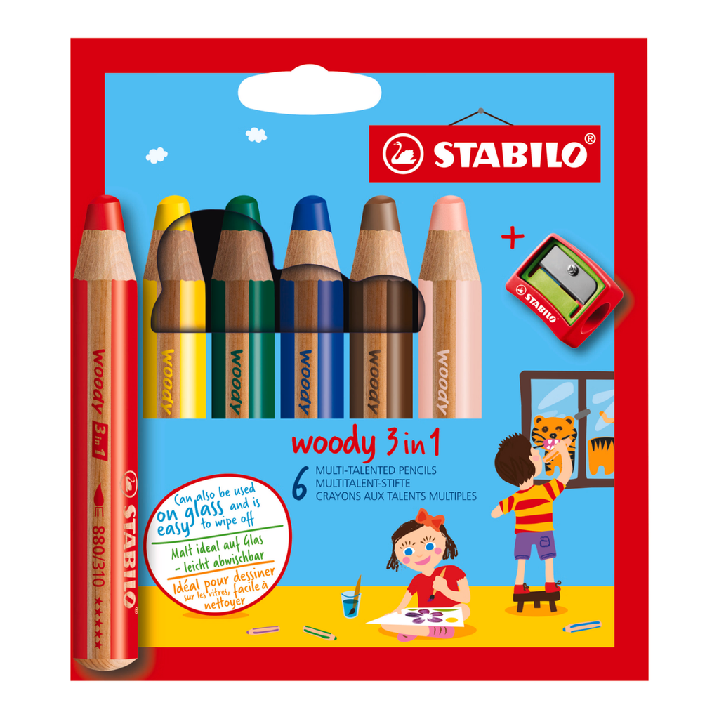 STABILO Woody 3-en-1 Lot de 6 crayons de couleur multi-talents + taille-crayon