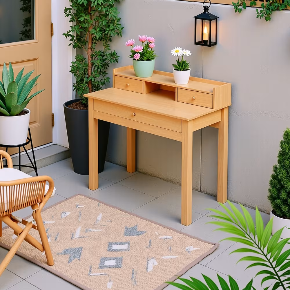 Bureau URBAN MEUBLE avec finition en bois, tiroirs et étagère