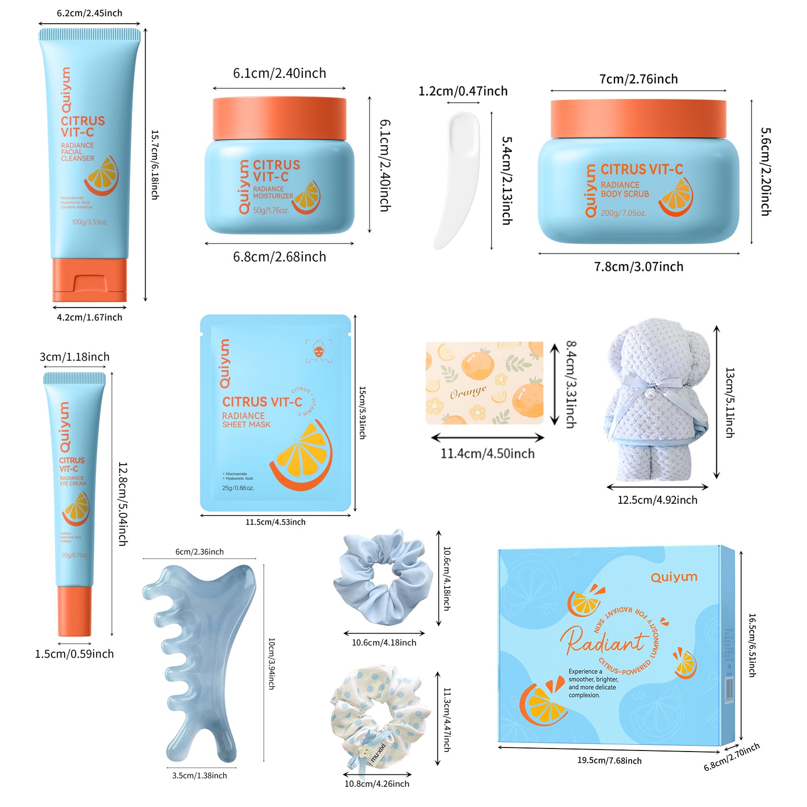 Quiyum Coffret de soins vitamine C agrumes 11 pièces Nettoyant visage 100 g Crème contour des yeux 20 g Crème visage 50 g Gommage corps 200 g Masque visage 25 g × 3 Avec élastiques