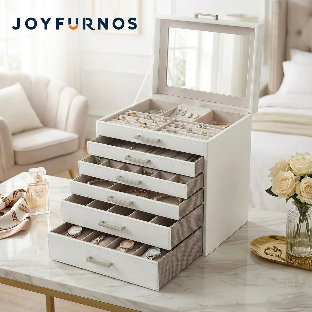 JOYFURNOS Boîte à Bijoux 6 Niveaux, Écrin à Accessoires, avec Grand Miroir, 5 Tiroirs, Rangement pour Bijoux, Moderne, Blanc