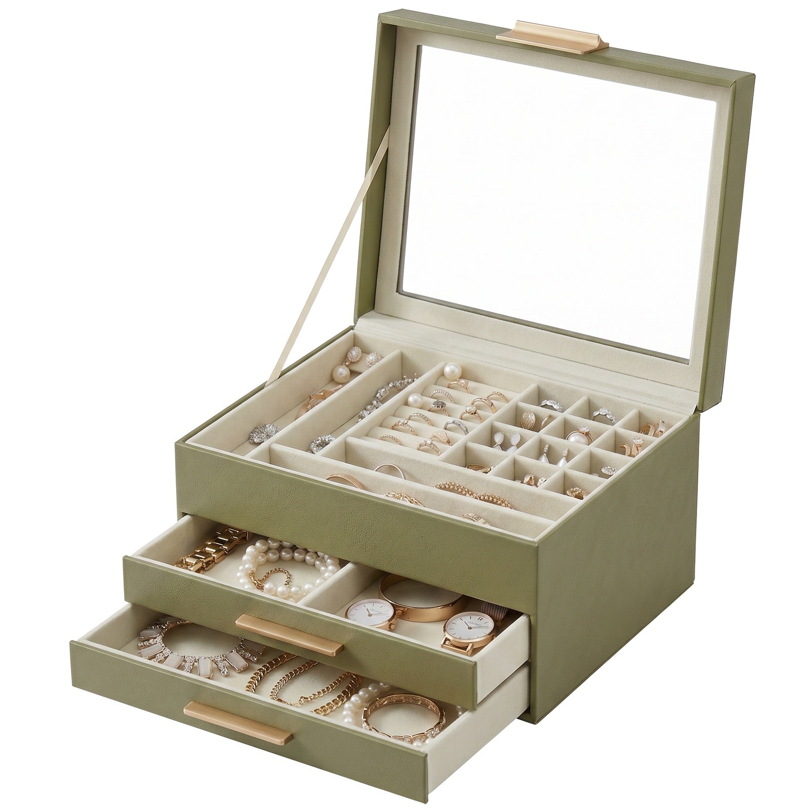 JOYFURNOS Boîte à bijoux avec couvercle en verre – Vert Sauge & Or, 3 niveaux, 2 tiroirs, organiseur de rangement moderne, taille 20,3 x 23,1 x 13,5 cm – excellente idée cadeau