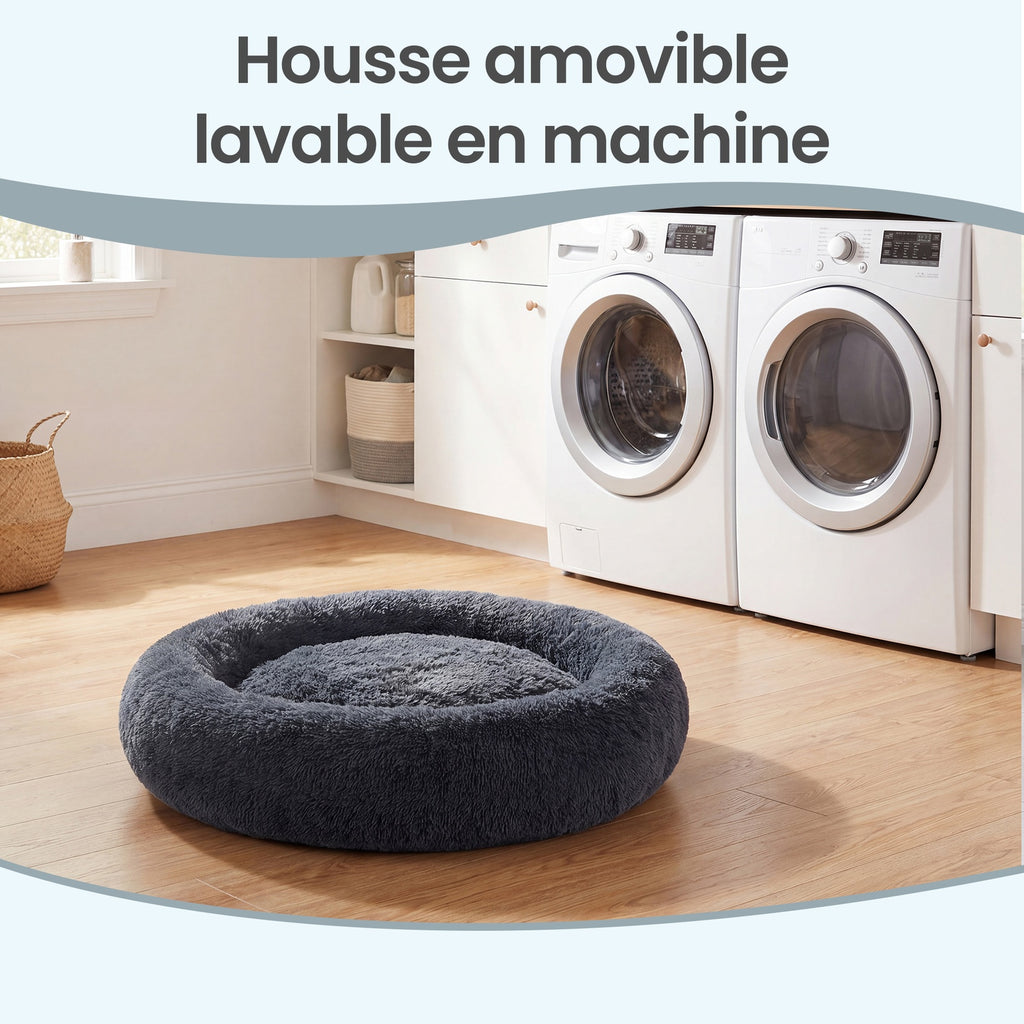 JOYFURNOS Panier donut apaisant moelleux pour chien avec housse amovible lavable Gris foncé