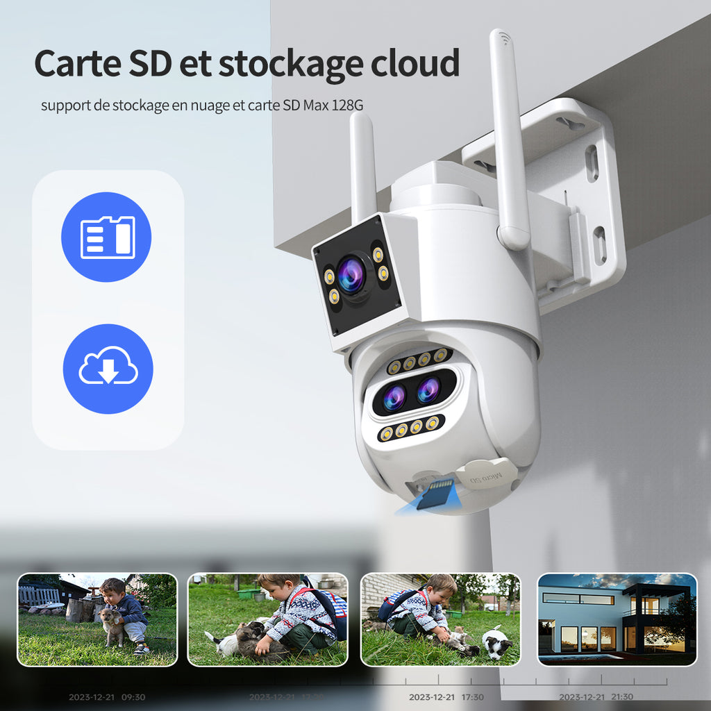 JOOAN Caméra de surveillance extérieure, 3 objectifs, 2 vues, zoom optique 10x et suivi automatique, IP PTZ 360°, Wi‑Fi 2,4 GHz filaire, IP66 étanche, alarme de détection de mouvement, stockage carte 8–256 Go/Cloud, notification SMS