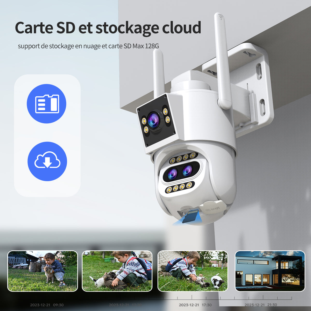 JOOAN Caméra de surveillance extérieure, 3 objectifs, 2 vues, zoom optique 10x et suivi automatique, IP PTZ 360°, Wi‑Fi 2,4 GHz filaire, IP66 étanche, alarme de détection de mouvement, stockage carte 8–256 Go/Cloud, notification SMS