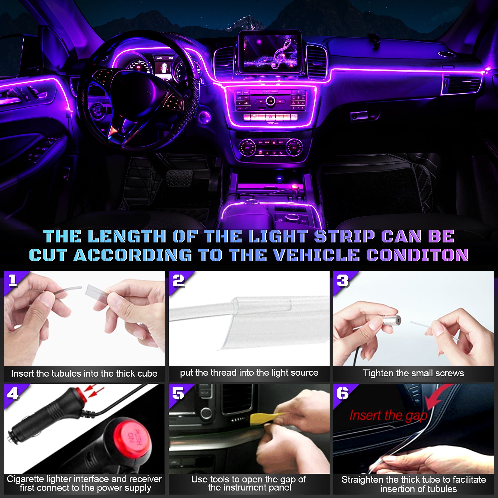 Bande lumineuse LED d’intérieur de voiture en acrylique, prise en charge du contrôle sans fil via application, RGB couleurs féeriques cinq-en-un