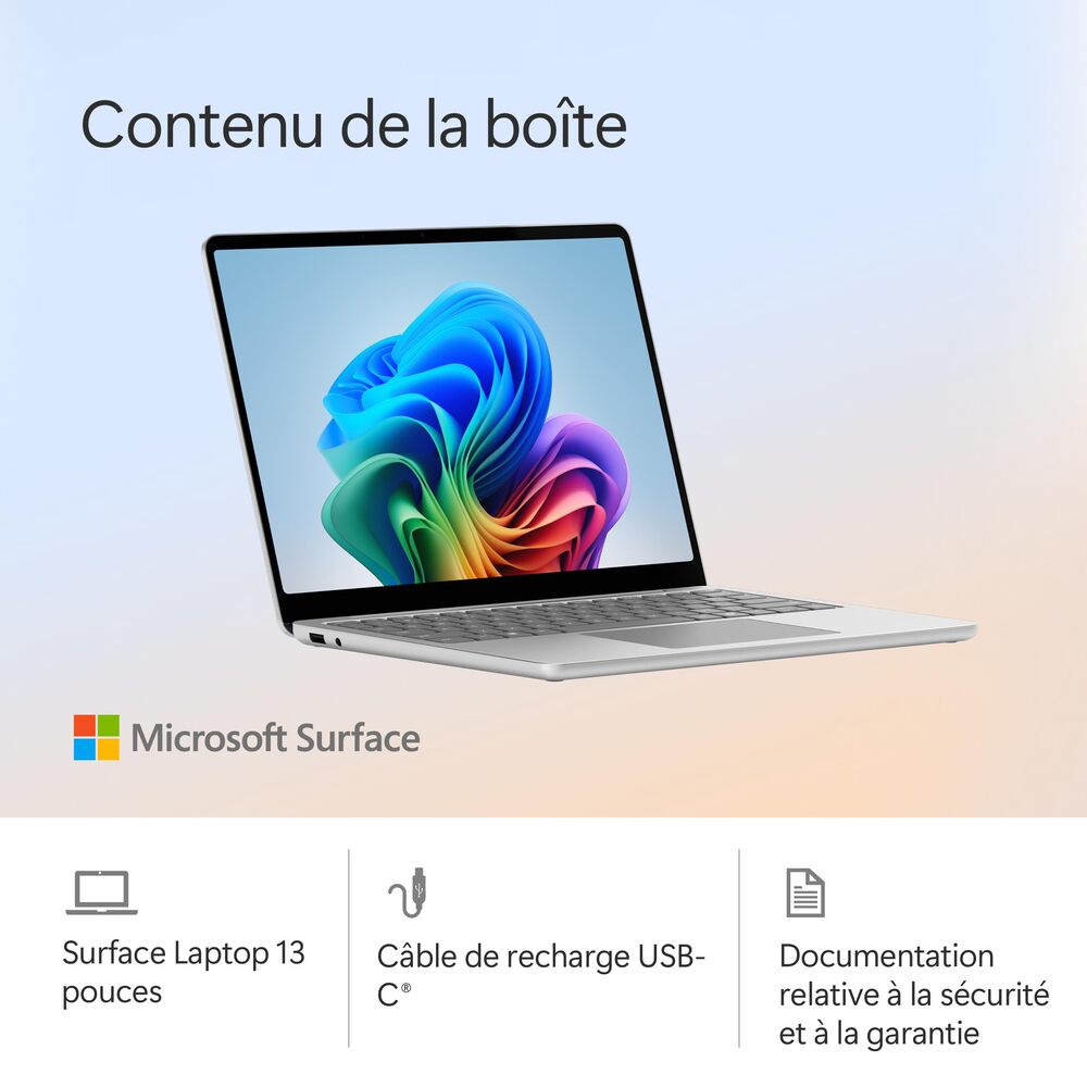 Microsoft Surface Laptop 13" Copilot+ PC, Snapdragon X Plus, 16 Go RAM, 512 Go SSD, Windows 11 Famille, Platine
