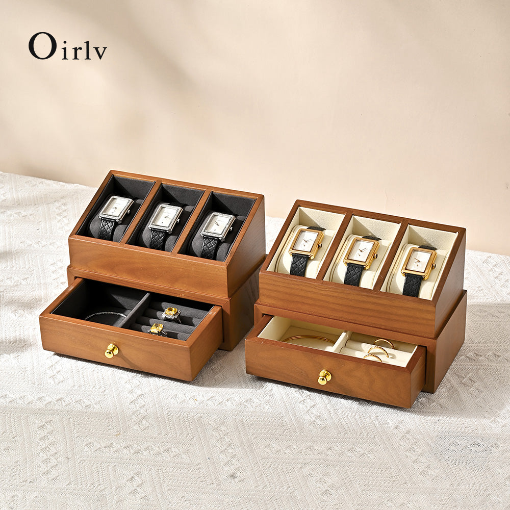 Oirlv 3 Grilds Boîte à montres en bois, organisateur de bijoux à double couche, boîte d'exposition pour montres, boîte de rangement anti-poussière avec couvercle transparent