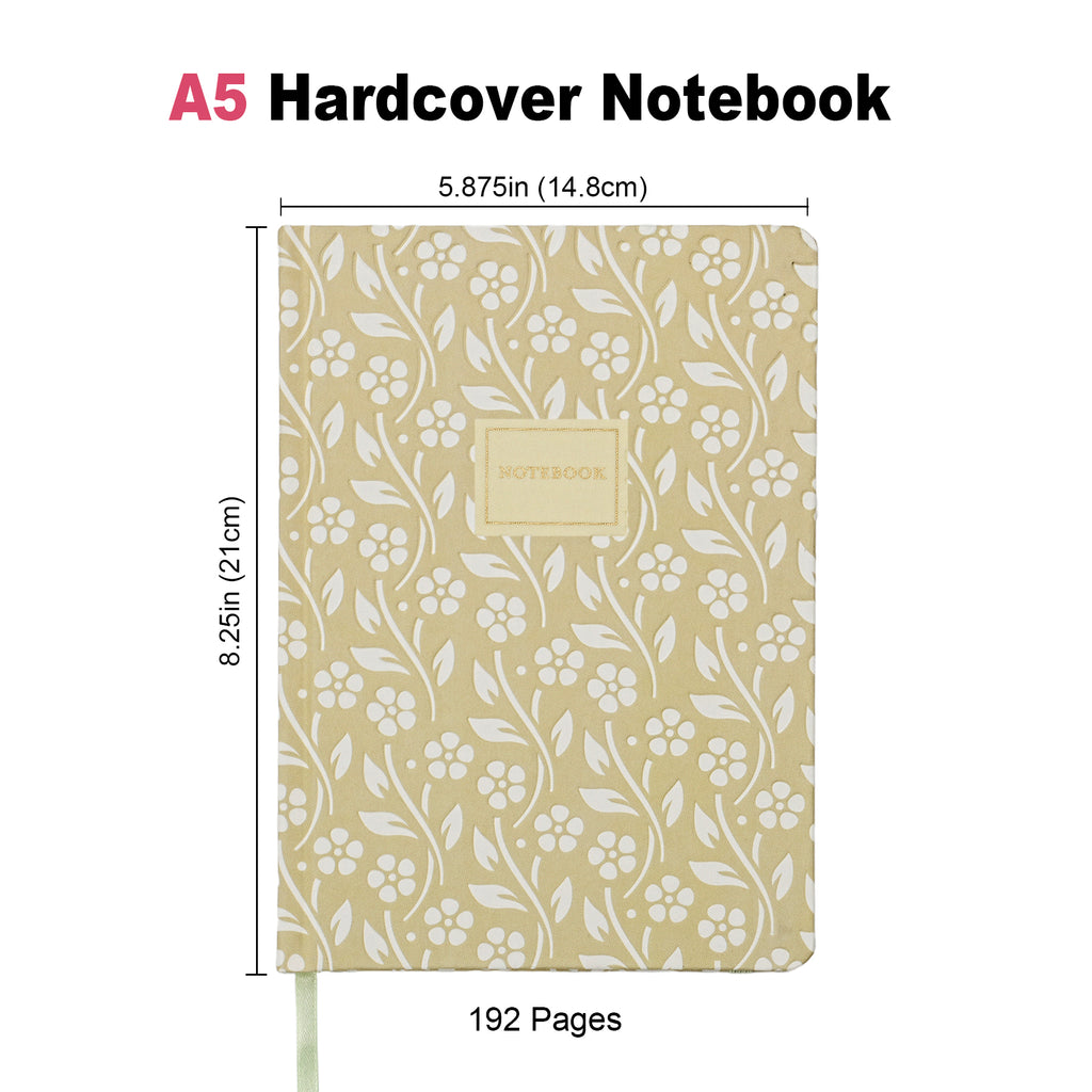 Jubiluu Carnet ligné A5 à couverture rigide en tissu floral - 96 feuilles (papier offset 100 g), marque-page et bande élastique - Journal ligné crème classique pour écriture, école