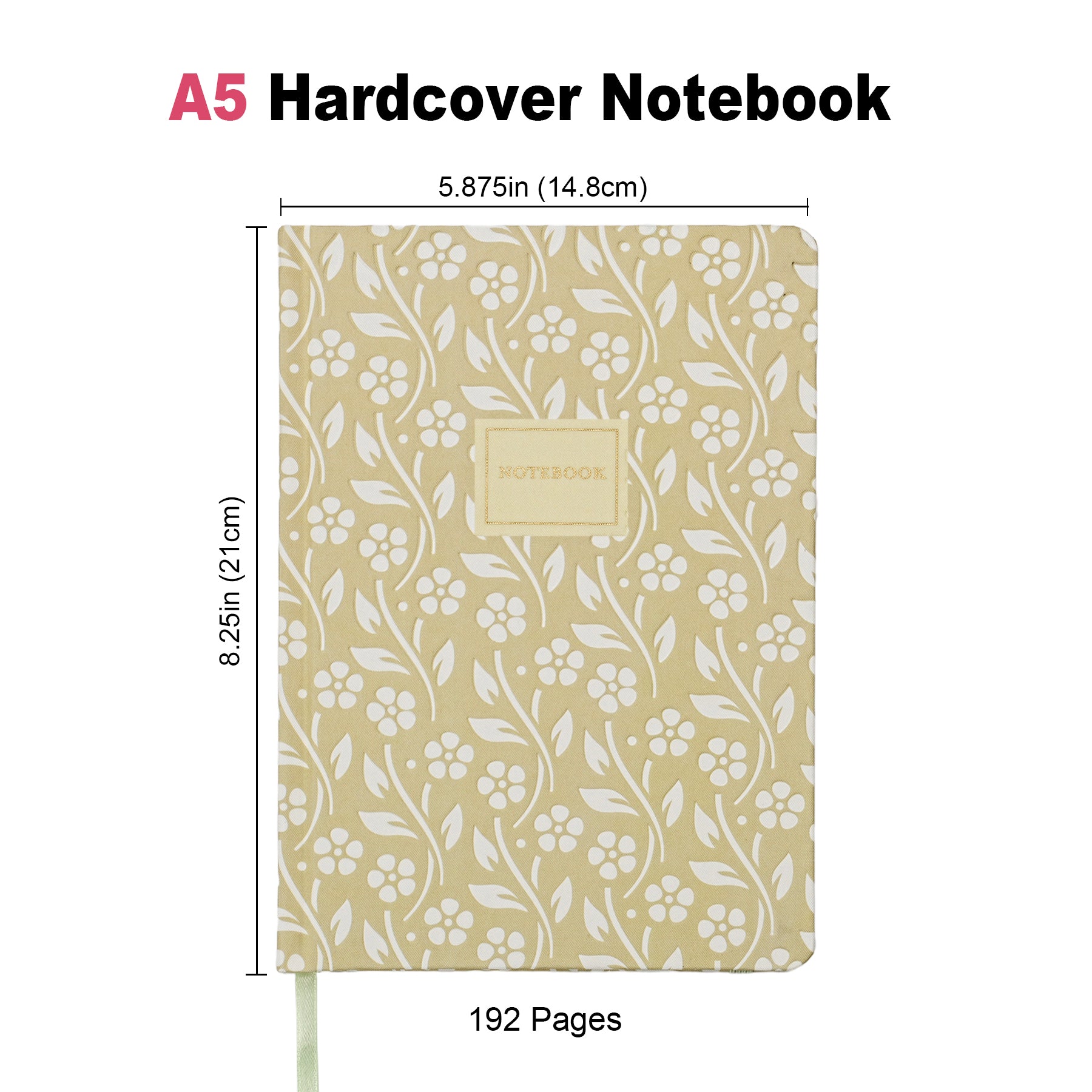 Jubiluu Carnet ligné A5 à couverture rigide en tissu floral - 96 feuilles (papier offset 100 g), marque-page et bande élastique - Journal ligné crème classique pour écriture, école