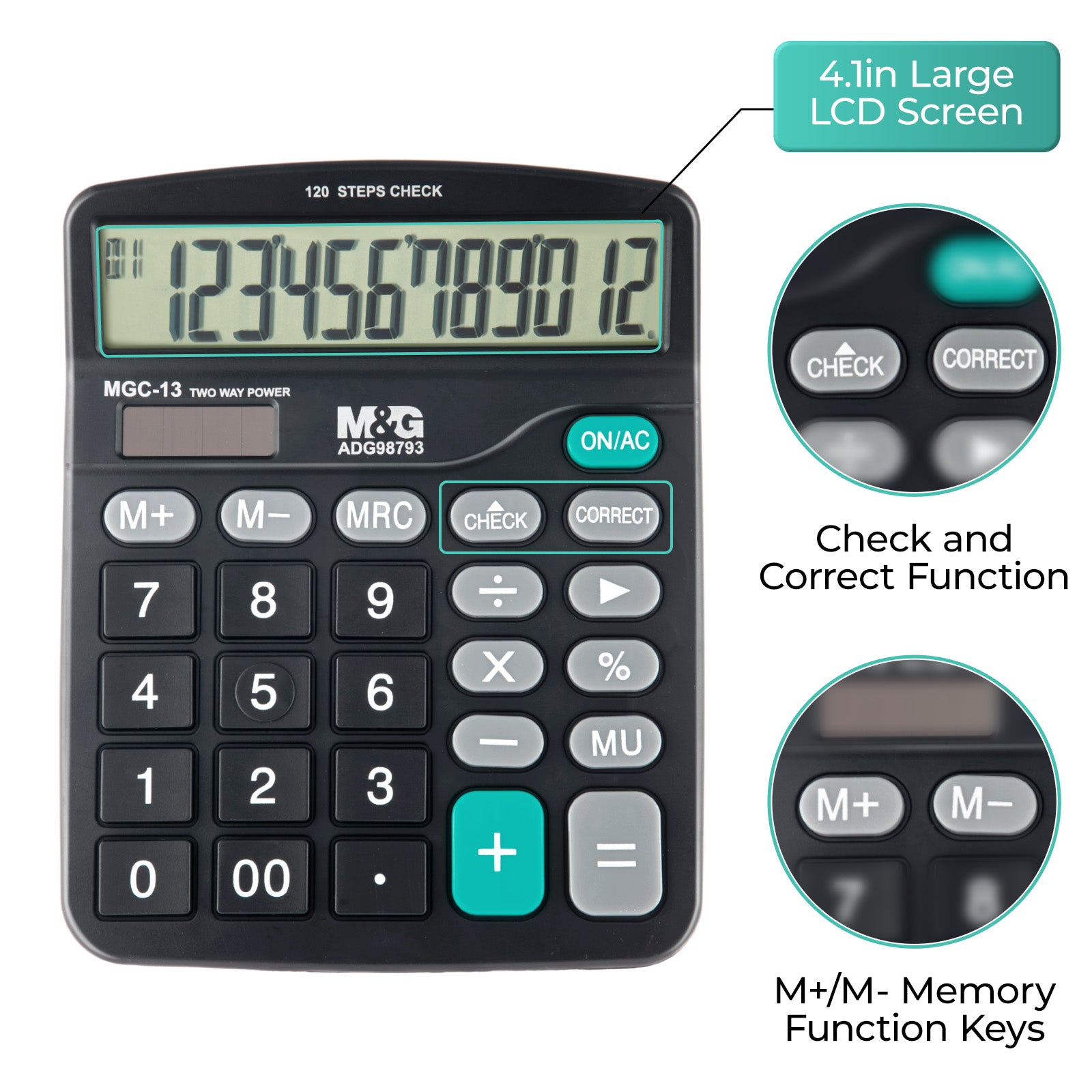 M&G Calculatrice de bureau 12 chiffres avec grand écran LCD, fonction de vérification et de correction, double alimentation solaire et batterie - Noir