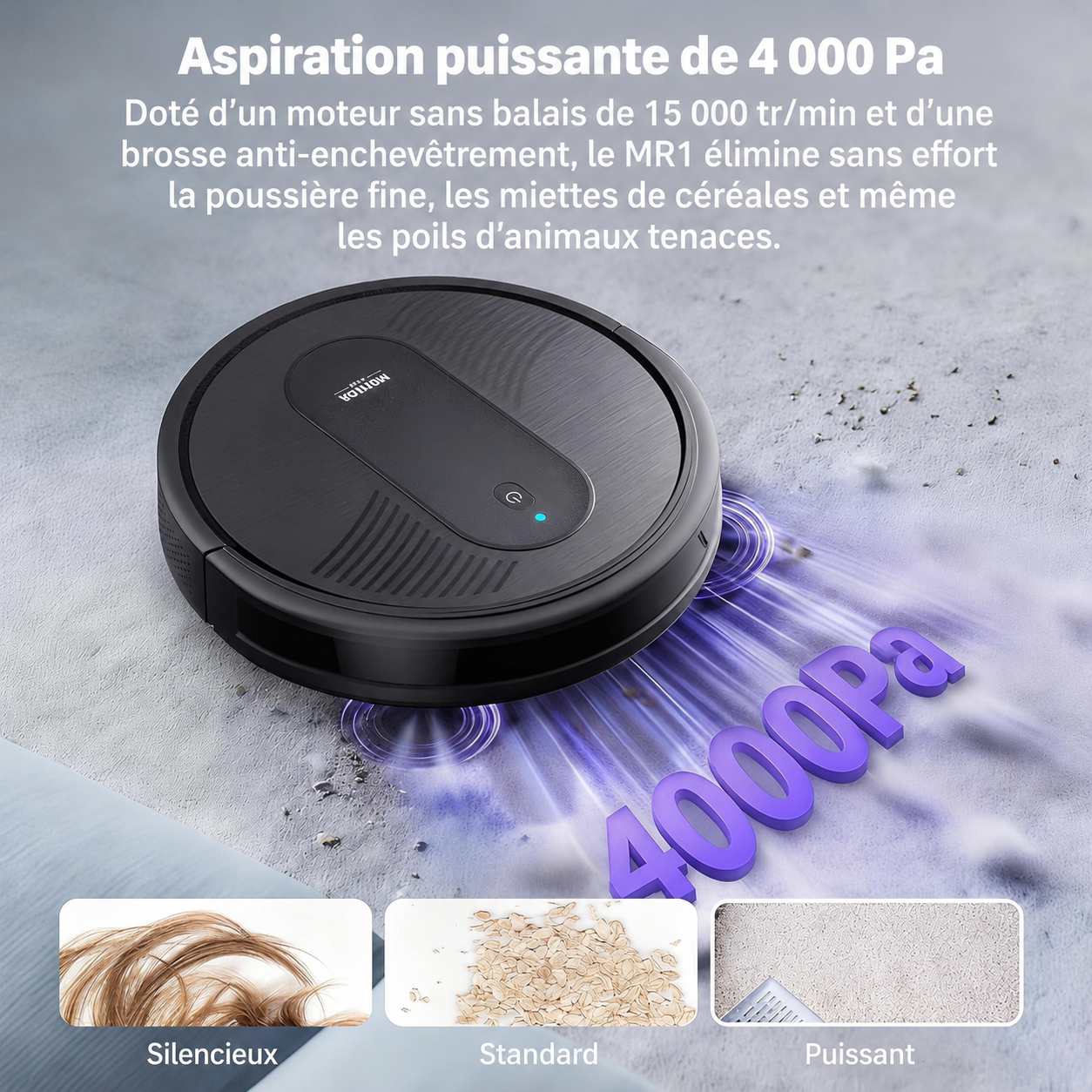 monsga MR1 Robot aspirateur laveur 4000 Pa, Ultra-fin 3,2", Autonomie 140 min, Filtre HEPA, Télécommande, Application et Commande vocale, Noir