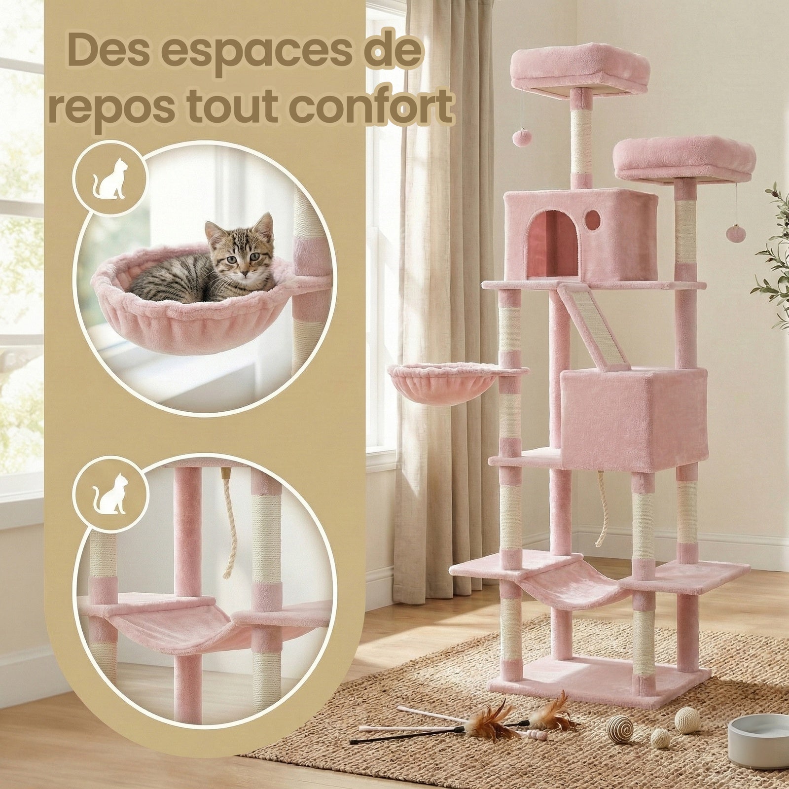 Arbre à chat hauteur 206 cm avec 13 griffoirs, 2 plateformes, 2 niches et panier, hamac, pompon - Rose bonbon