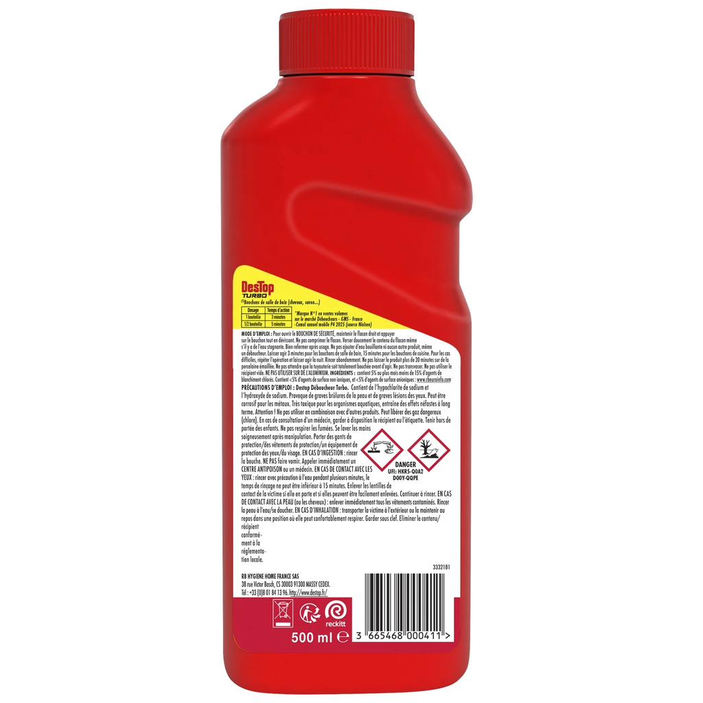 Destructeur de Canalisations Turbo Destop en Gel, Action Rapide sur les Bouchons Tenaces, Force Professionnelle, 2 Doses, 500 ml