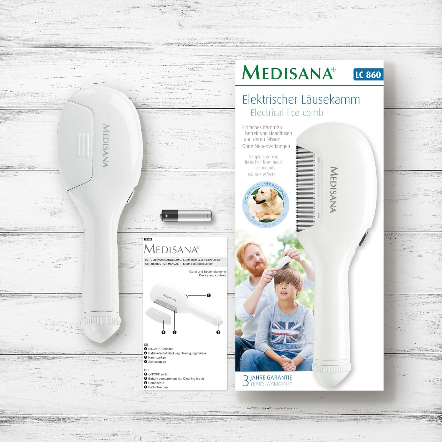 Medisana LC 860 - Peigne électrique anti-poux, contre les poux et les lentes, convient aux chiens et aux chats, blanc