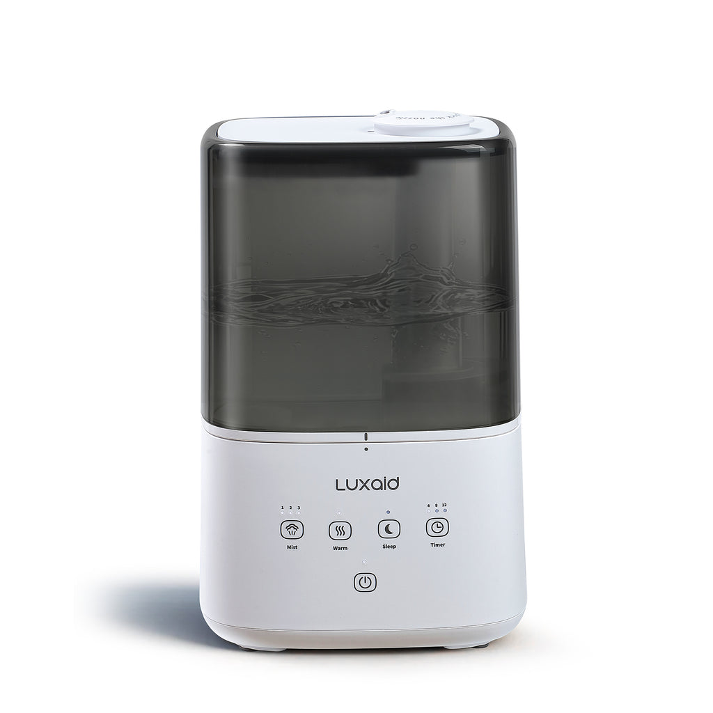 Luxaid Humidificateur Brume Froide/Chaude 4,5L, Jusqu'à 47m², Remplissage Par Le Haut, Commande Tactile, Minuterie 4/8/12h, Mode Silencieux 20dB, Buse 360°, Fonction Aromathérapie pour Chambre