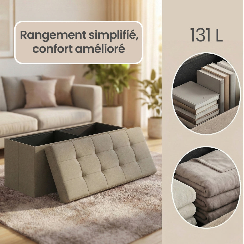 JOYFURNOS Pouf de rangement pliable – Marron Camel, 38 x 110 x 38 cm, repose-pieds avec bo?te de rangement, charge max 300 kg – idéal pour salon, chambre ou couloir