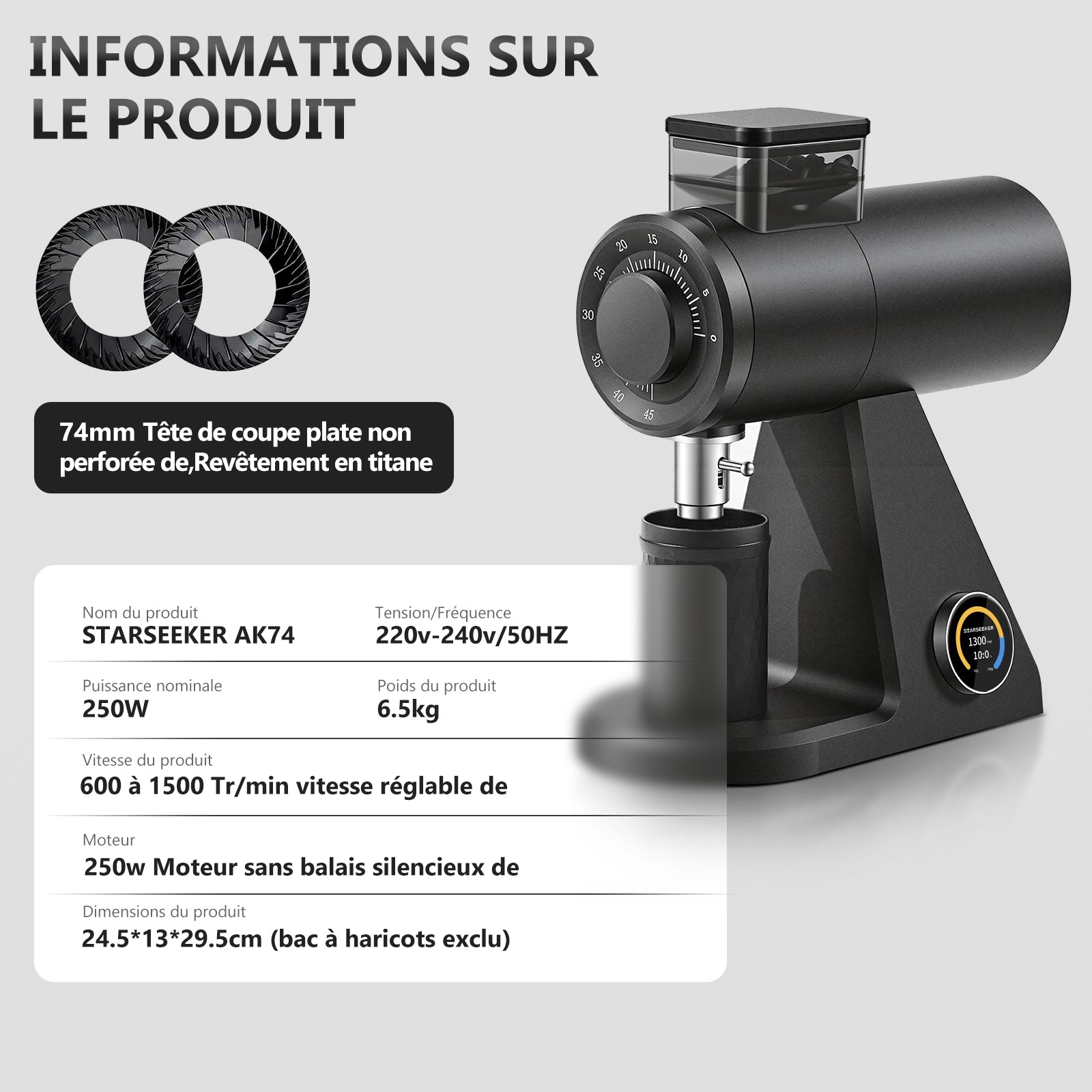 STARSEEKER Moulin à café électrique 74 mm pour espresso et café filtré avec minuteur
