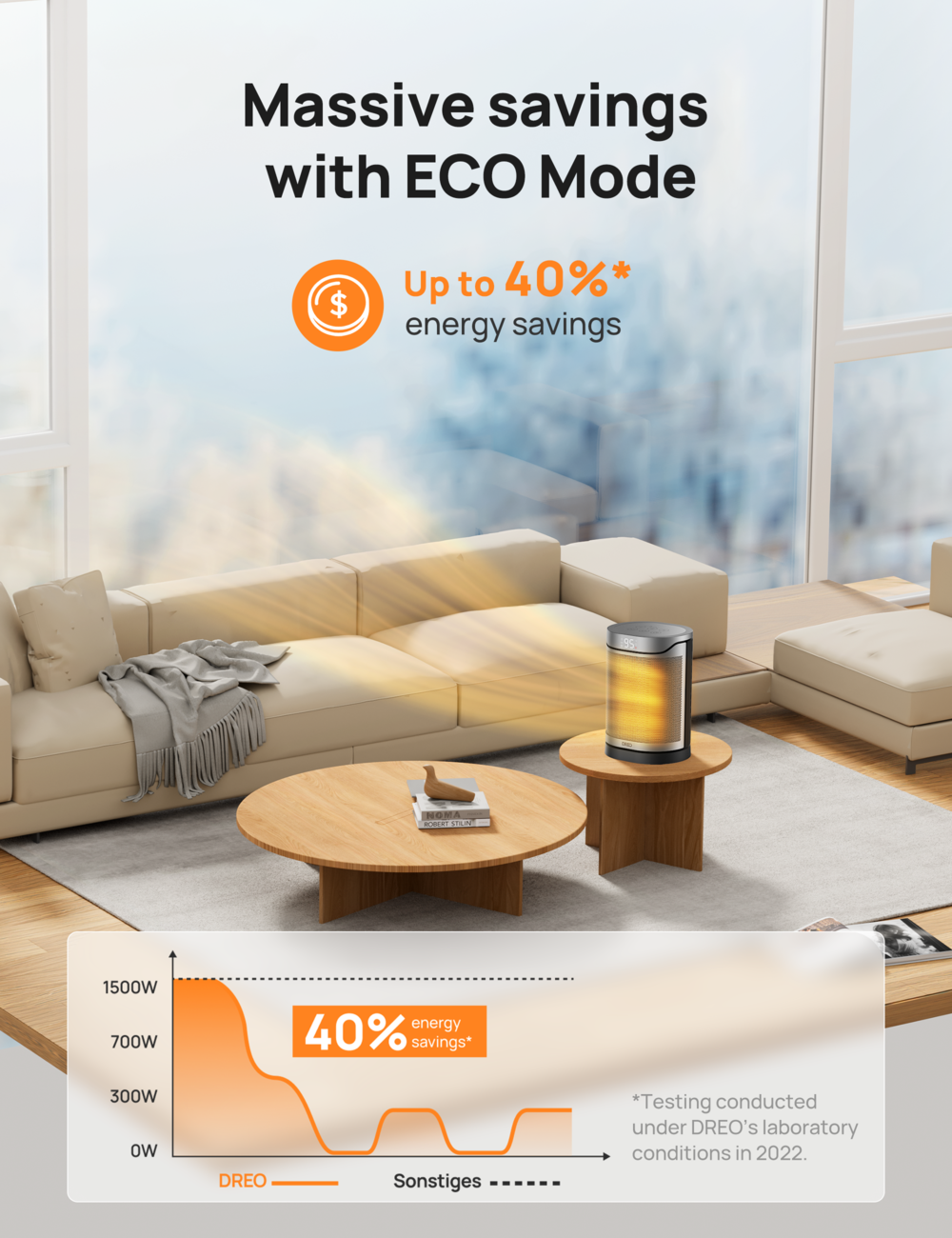 DREO Atom 318, Chauffage soufflant céramique PTC, 1500 W, économe en énergie, chaleur instantanée 2 s, oscillation 70°, minuterie 12 h, 8 protections de sécurité, télécommande