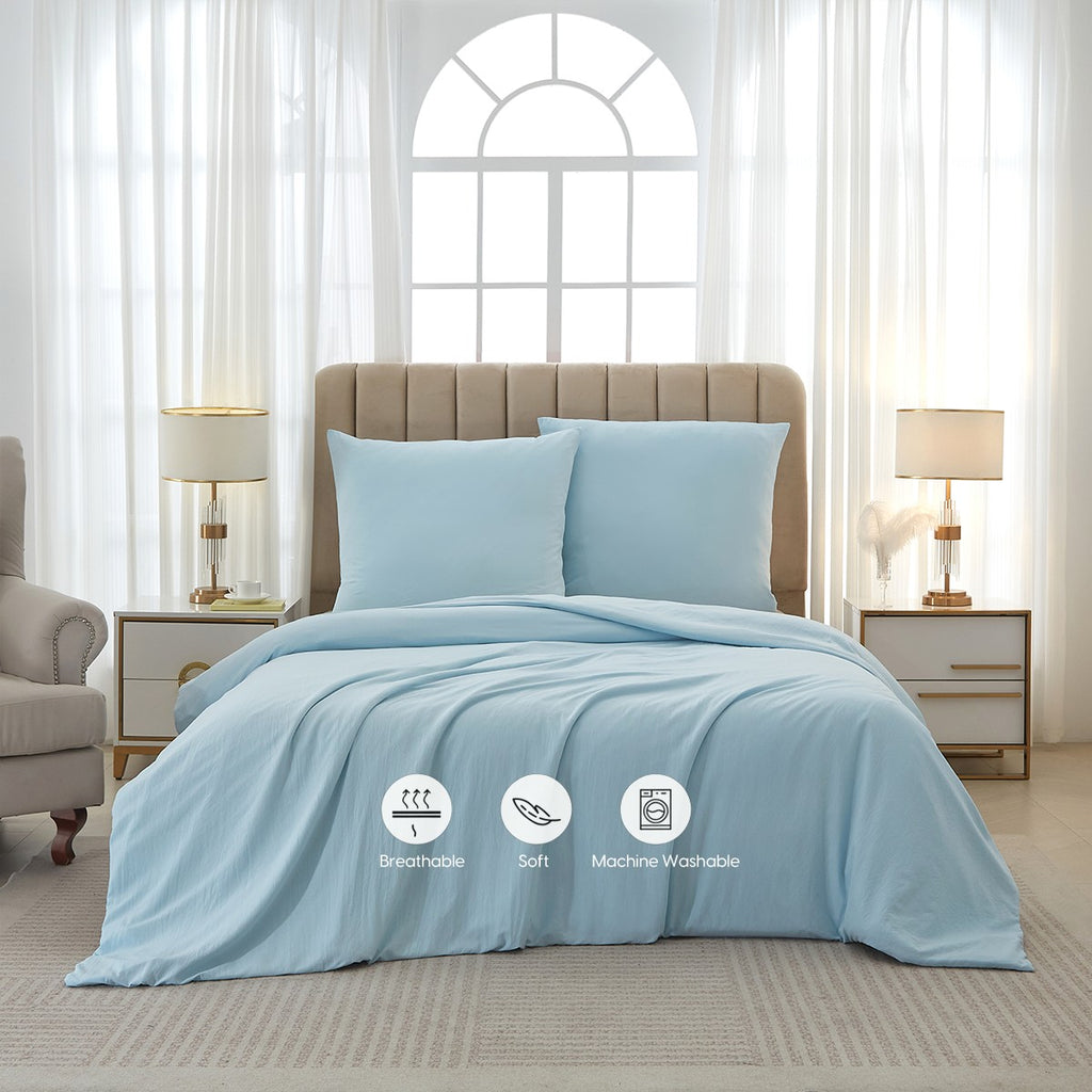Meeallhome Parure de housse de couette lavée brossée 155 x 220 cm/80 x 80 cm x 2 Bleu lac